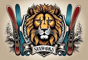 snow skis crossed like an x with a shield in front of them and the swanson crest on the shield being held up by two lions on the left and right side tattoo idea