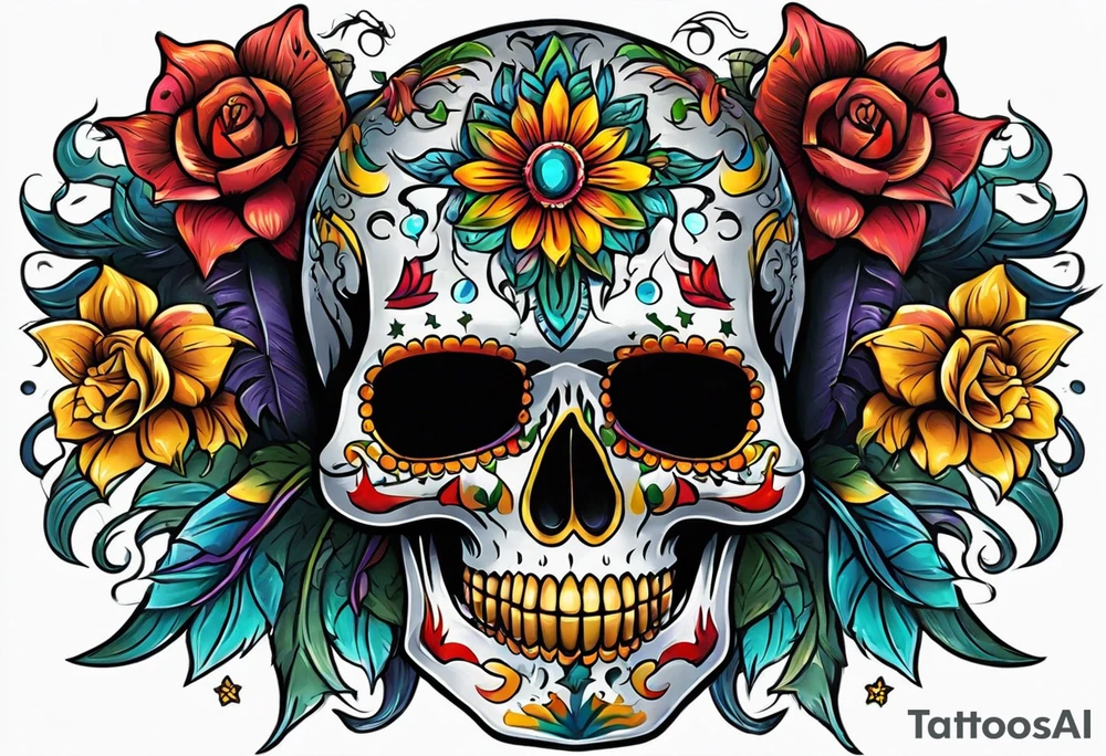 Colorful Mexican skull with bats and water tattoo idea