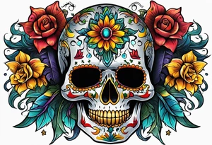 Colorful Mexican skull with bats and water tattoo idea