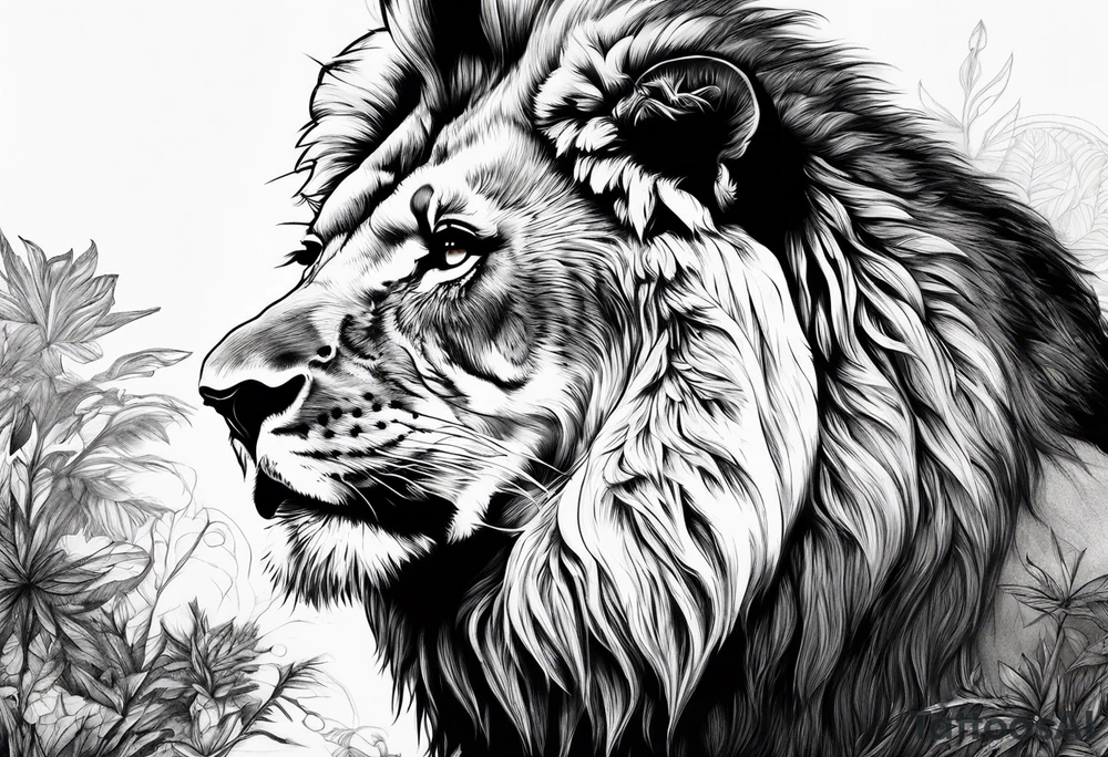Powerful lion up close with nature in background tattoo idea Powerful lion up close with nature in background tattoo idea