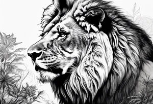 Powerful lion up close with nature in background tattoo idea