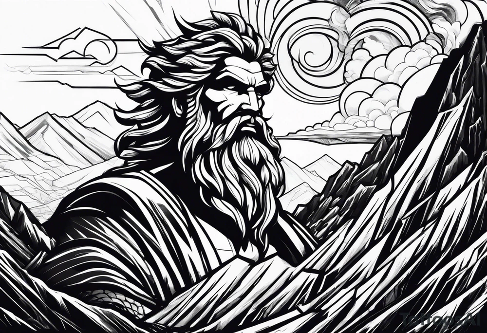 Zeus behind a Mountain View with lightning behind him and him being aggressive tattoo idea