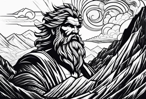 Zeus behind a Mountain View with lightning behind him and him being aggressive tattoo idea
