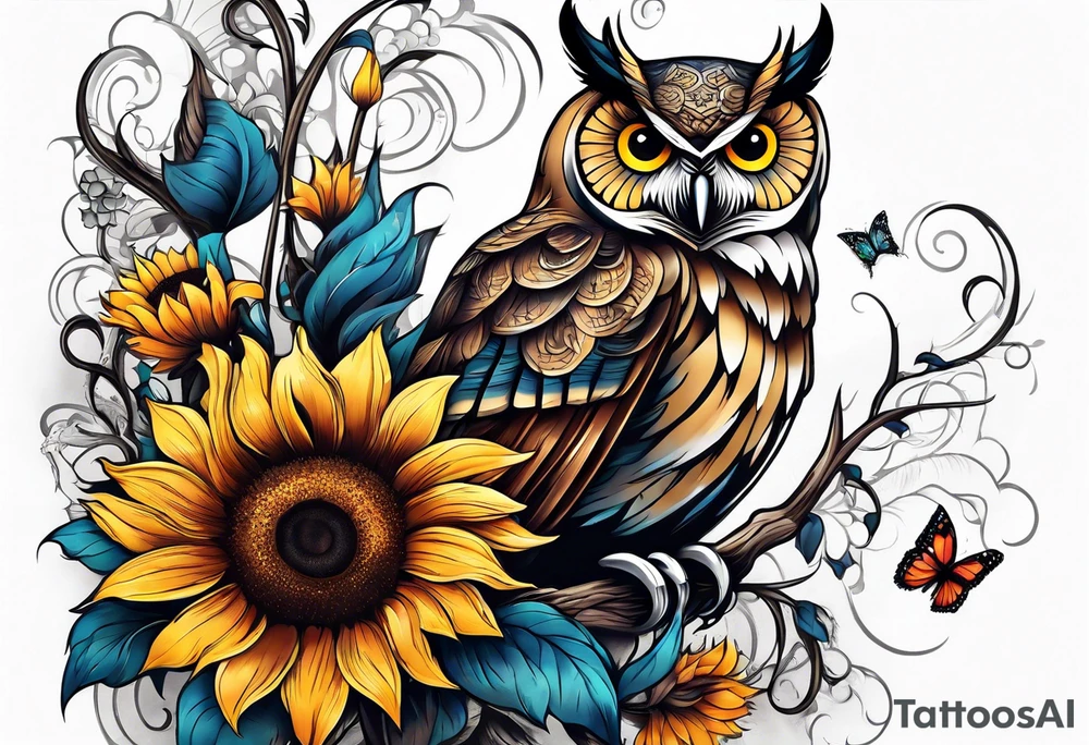 Sleeve with a owl sunflower and butterfly tattoo idea