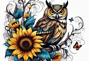 Sleeve with a owl sunflower and butterfly tattoo idea