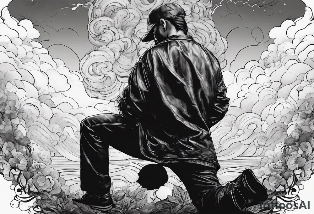 Men kneeling like he went through s bad time and a cloud looking like a debil behind him tattoo idea