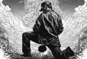 Men kneeling like he went through s bad time and a cloud looking like a debil behind him tattoo idea