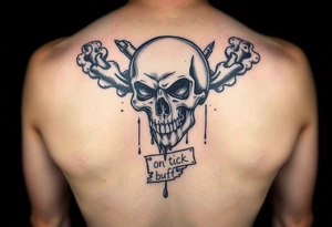 Graffiti type skull with markers dripping ink with a tag that says on tick behind it with smoke that says fuck the buff tattoo idea