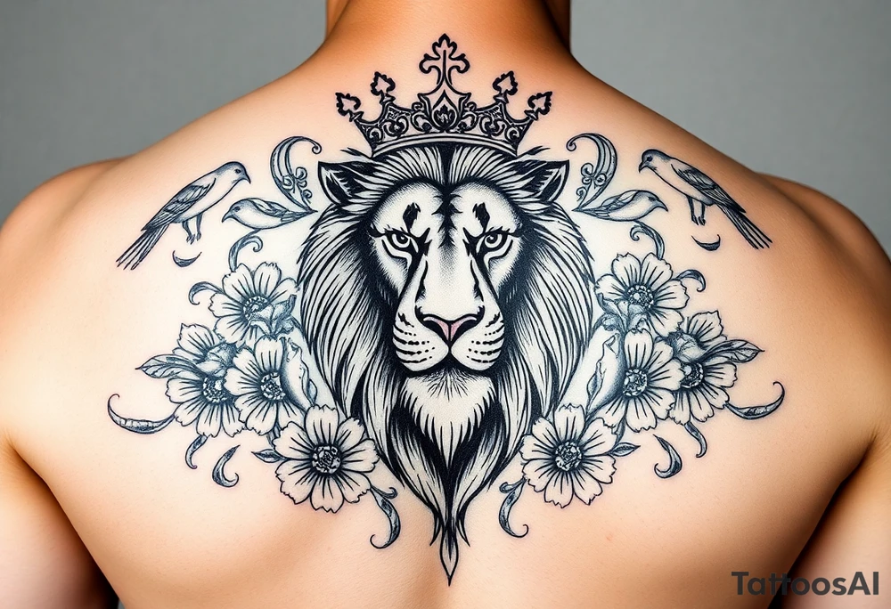 powerful majestic lion with a crown, surrounded by floral ornaments and birds tattoo idea