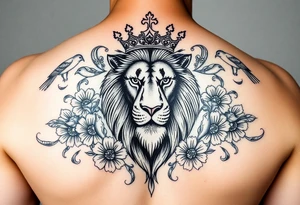 powerful majestic lion with a crown, surrounded by floral ornaments and birds tattoo idea