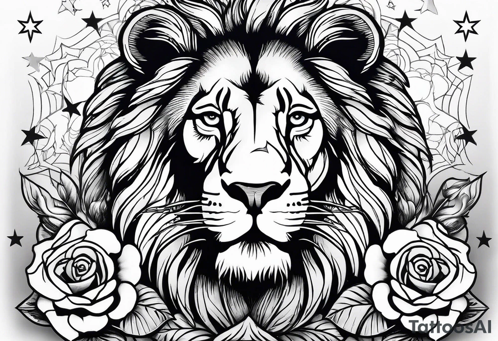 Lion with roses & spiders with stars tattoo idea