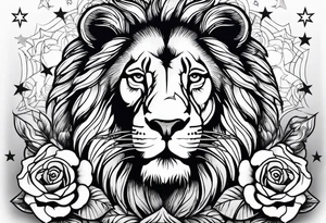 Lion with roses & spiders with stars tattoo idea