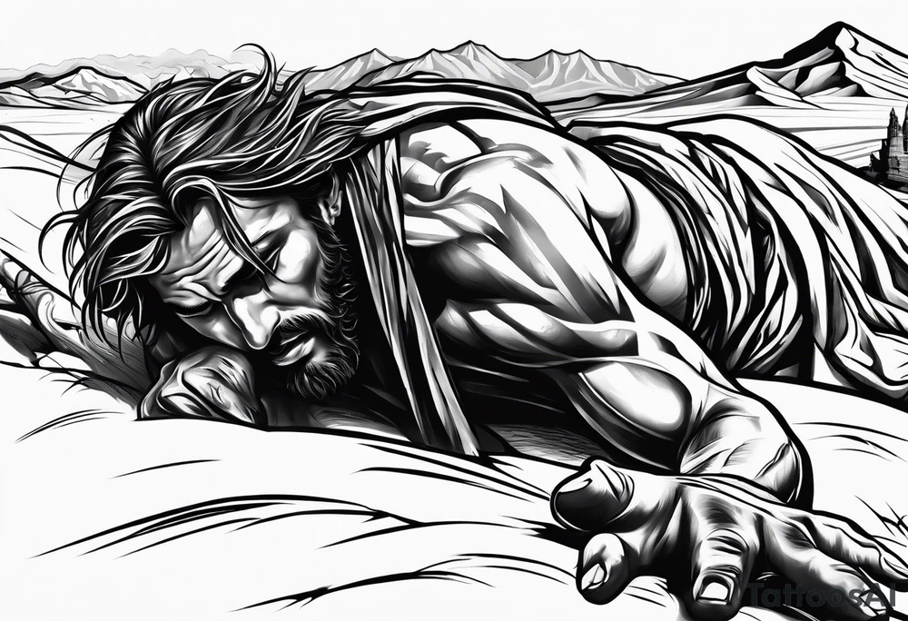 man crawling in a desert reaching to the cross of Christ tattoo idea