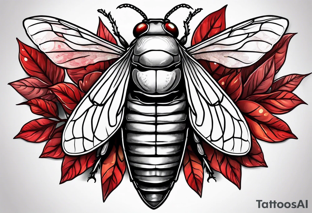cicada on top of red leaves tattoo idea