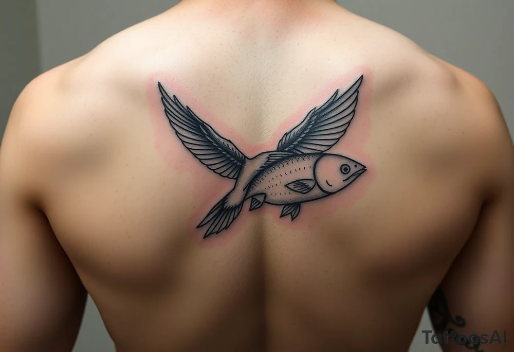 small  minimal fine line bird and fish tattoo, for chest, man. not many details. a lot of black color tattoo idea