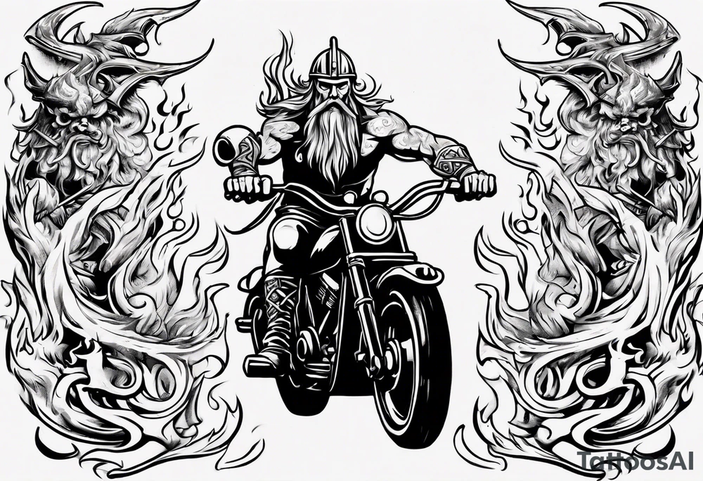I want a detailed tattoo of a viking riding a motorcycle surrounded by flames with the company name “Viking Customs” incorporated in the design tattoo idea
