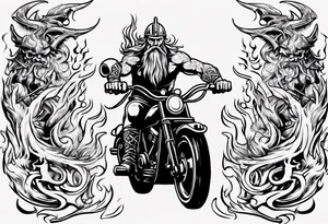 I want a detailed tattoo of a viking riding a motorcycle surrounded by flames with the company name “Viking Customs” incorporated in the design tattoo idea