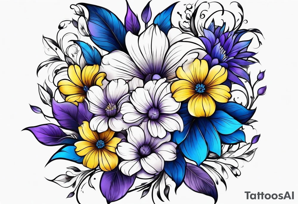 Blue yellow and purple flowers arm sleeve tattoo idea
