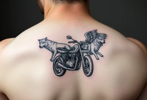 a motorcycle on it with guardian angel wolves on the bike tattoo idea