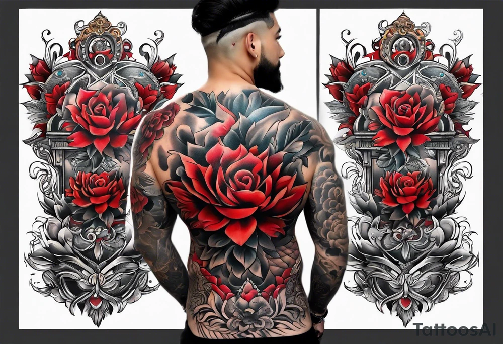 red full body tattoo on the back from top to bottom tattoo idea