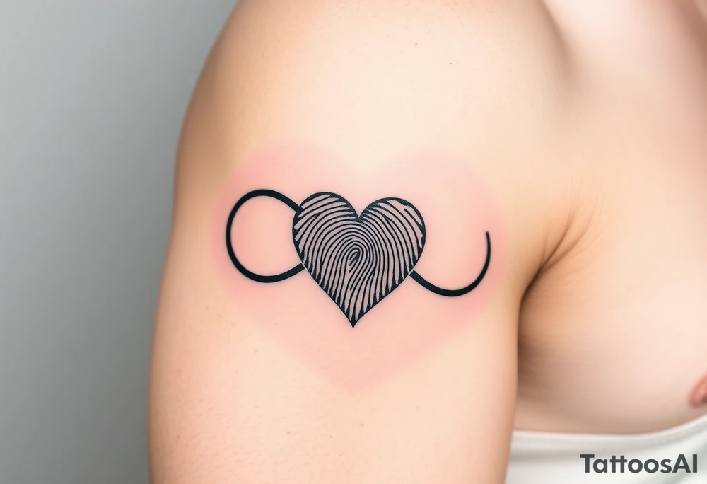 An infinity design with a fingerprint heart in black and grey realism tattoo idea