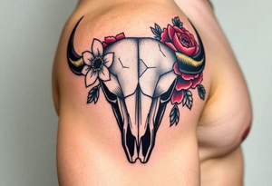 Buffalo or bison skull with flowers. Snow drop and peony. Colour. For upper arm or shoulder. Masculin. tattoo idea