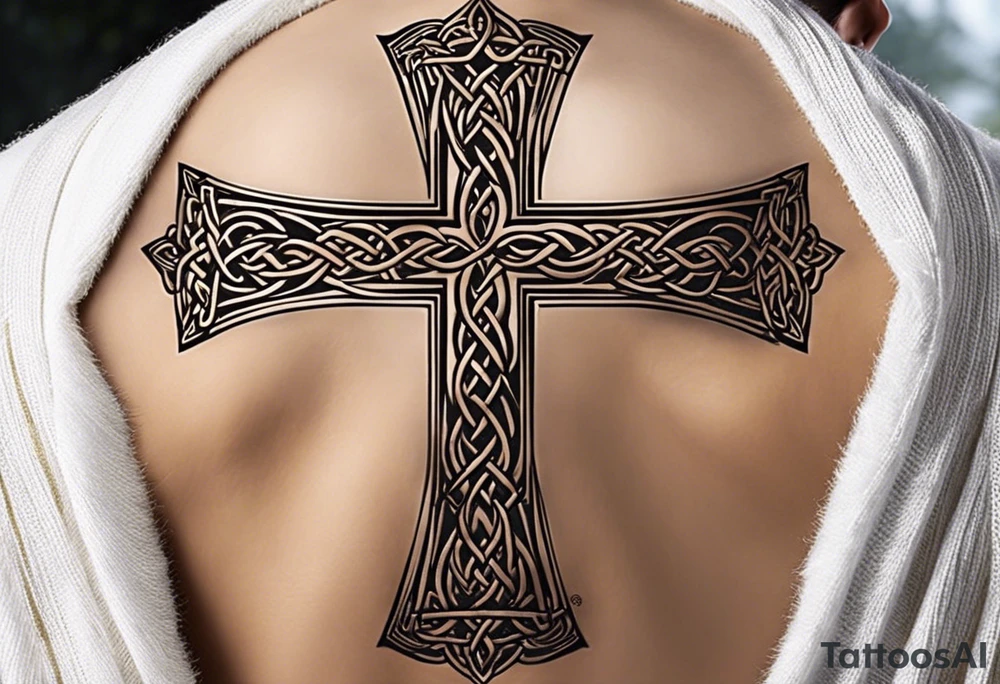 The tattoo features a Christian cross with a sharp lower end firmly planted into the ground. From the base of the cross, intricate roots extend outwards, symbolizing strength, growth, and deep roots in faith. The cross itself is adorned with intricate details, perhaps featuring Celtic or ornate patterns to add depth and texture.

On either side of the cross, two colossal dragon wings spread outwards, enveloping the cross in a protective embrace. The wings are dynamic and detailed, with scales, veins, and fine feather-like structures to convey the power and majesty of the mythical creature.

At the intersection of the cross, where the vertical and horizontal beams meet, there is a mesmerizing eyeball intricately depicted. The eye is detailed with vibrant colors and realistic shading, representing spiritual insight, watchfulness, and divine presence. tattoo idea