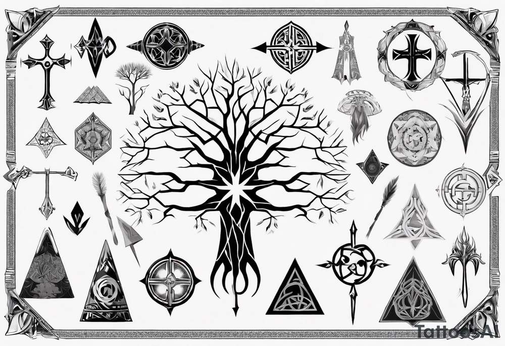 White Tree of Gondor, Geometric symbols, Nordic cross, playing card, lord of the rings, Native American headdress, tattoo idea