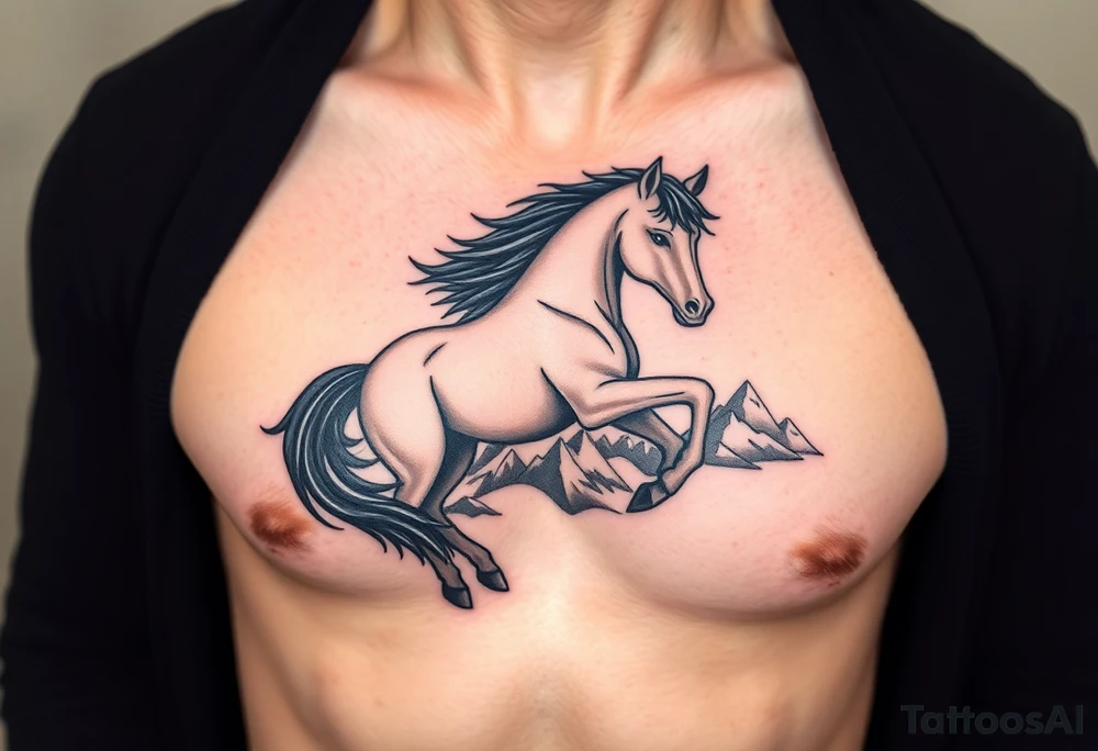 A golden mustang horse with black mane and leg. The mountains and nature should frame the design, blending with the horse's black fur as a base to represent the landscape. Experiment with using the black fur to shape the mountains, playing with edges or interior details. tattoo idea