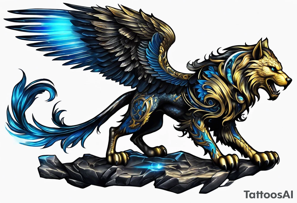 black cyber matallic griffin with golden and silver accents and blue neon tattoo idea