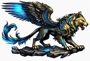 black cyber matallic griffin with golden and silver accents and blue neon tattoo idea