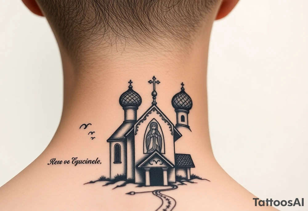 rusian orthodox domes church with a virgin mary in a russian rural village with Church Slavonic script or Cyrillic text — a prayer or meaningful phrase running along the sides tattoo idea