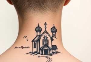 rusian orthodox domes church with a virgin mary in a russian rural village with Church Slavonic script or Cyrillic text — a prayer or meaningful phrase running along the sides tattoo idea