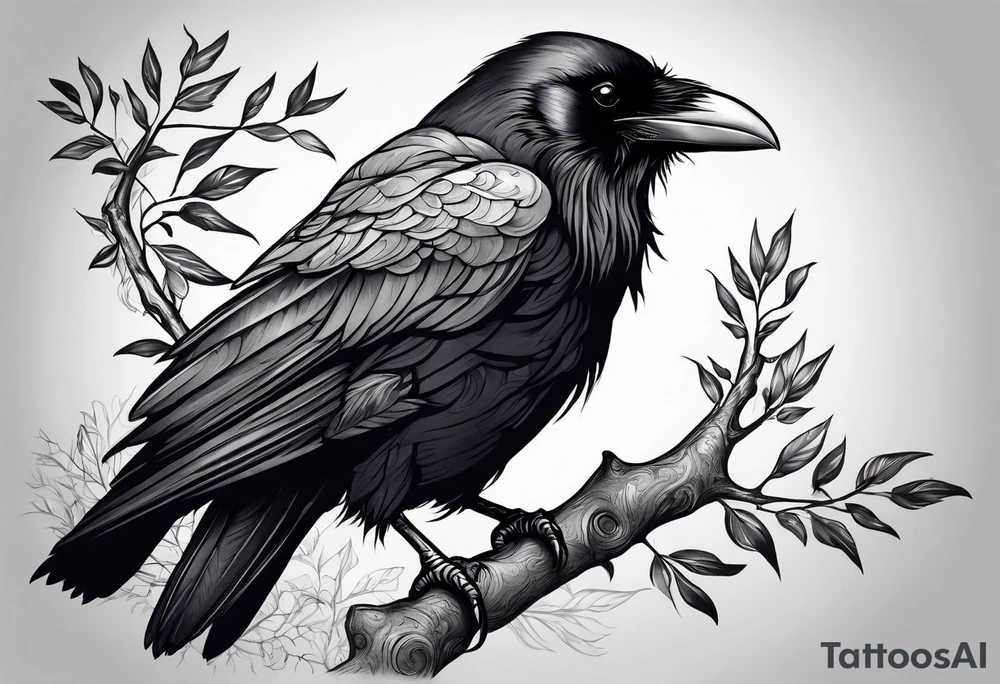 raven perched on branch tattoo idea