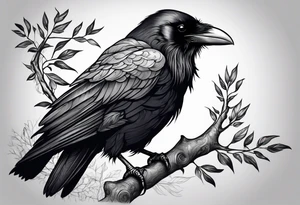 raven perched on branch tattoo idea