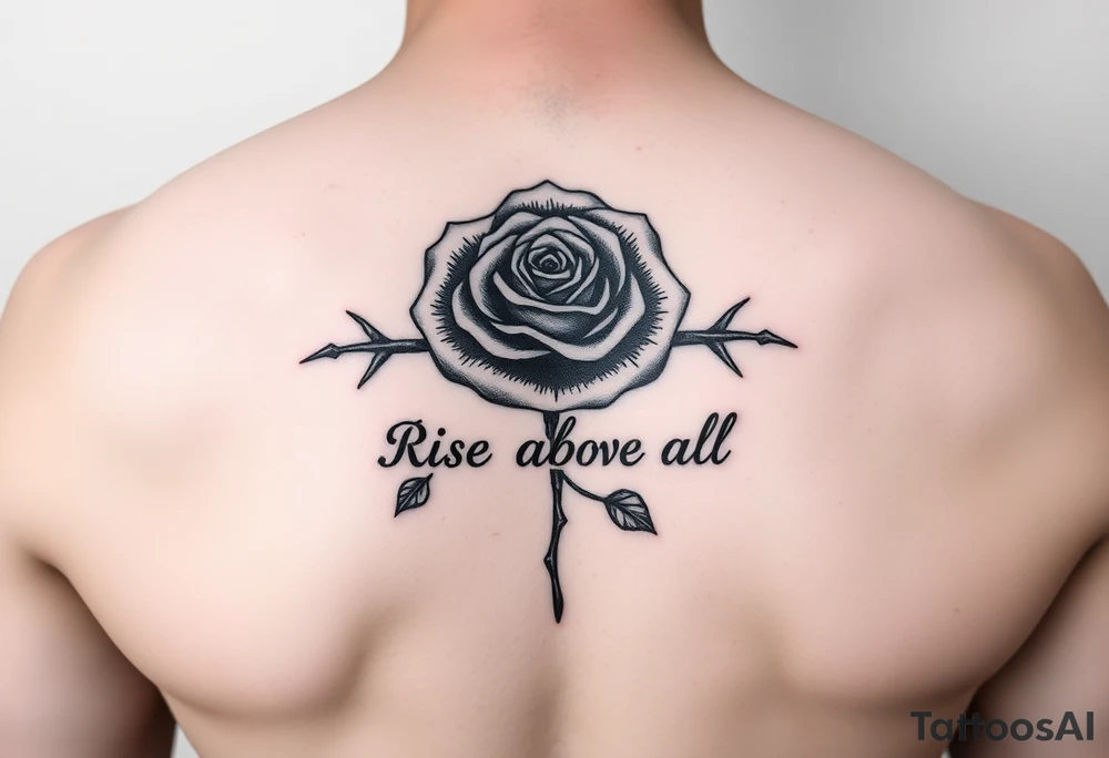 rose tattoo with thorns saying rise above all tattoo idea
