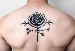 rose tattoo with thorns saying rise above all tattoo idea