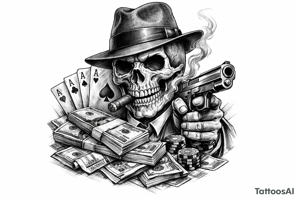 skull with gangster-hat,cigar in his mouth,gun in a hand,playing cards,a lot of money. tattoo idea