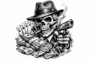 skull with gangster-hat,cigar in his mouth,gun in a hand,playing cards,a lot of money. tattoo idea