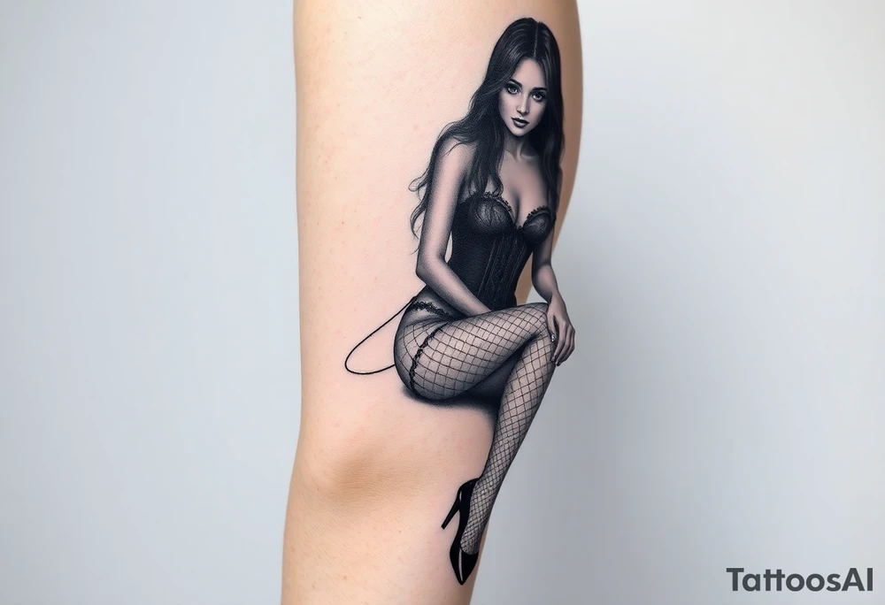 Seated woman with long dark hair, wearing a corset, fishnet tights and black shiny stilettos tattoo idea