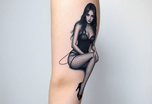 Seated woman with long dark hair, wearing a corset, fishnet tights and black shiny stilettos tattoo idea