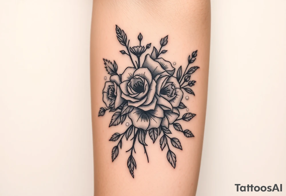 vintage bouquet of wild roses and meadow flowers with morning dew tattoo idea