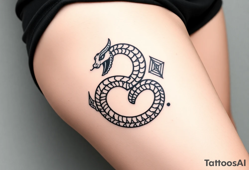 Ouroboros or dragon/serpent/snake eating its own tail in a figure 8 in negative space with geometric patterns LARGE tattoo idea