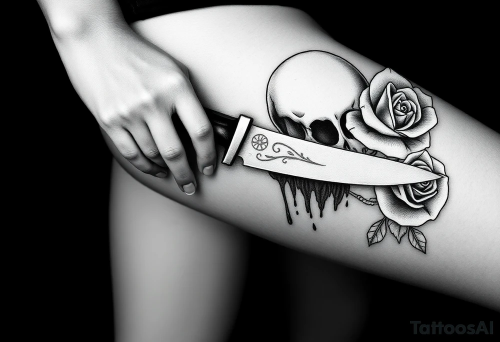 en el caos encontré mi forma favorita 
de amarte somos veneno y promesa.  Add around 

Woman’s hand reaching down grabbing blade handle, skeleton head on right under blade, rise on right under blade, blood dry from tip of blade, skeleton hand reaching for Blade tip. Just the hand and place above blade handle reaching for handle. Skull and rose underneath blade. Just the skeleton hand reaching for tip of knife which is dripping blood. tattoo idea