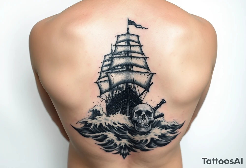 Ultra-detailed tattoo design, hyper-realistic black and grey, ghostly pirate ship emerging from stormy waves, giant skull fading into the sea foam, dramatic lighting, high contrast shading, stencil-ready, full sleeve composition, no background clutter, smooth gradient transitions. tattoo idea