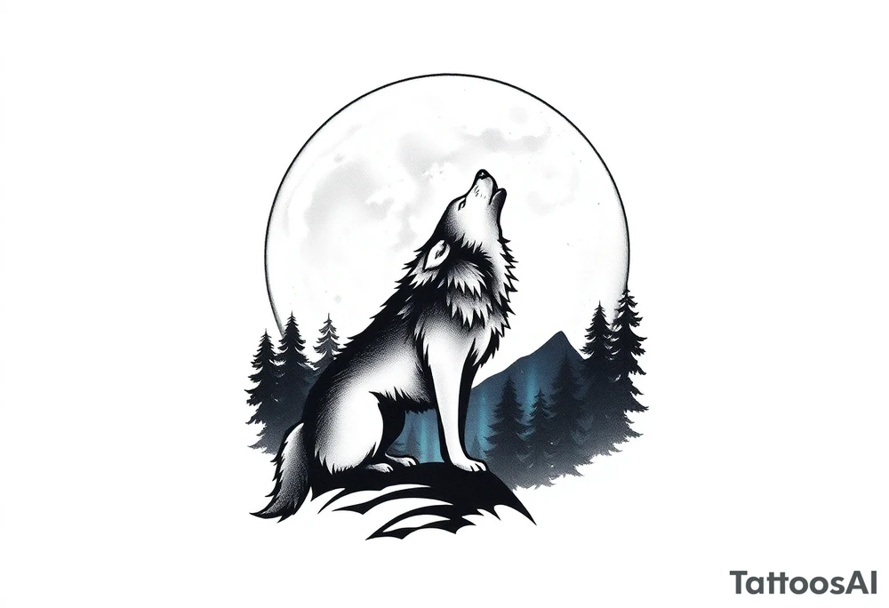 lone wolf howling at full moon with northern lights backdrop tattoo idea