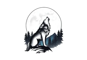 lone wolf howling at full moon with northern lights backdrop tattoo idea
