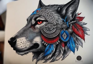 profile angle head of Dhu al-Qarnayn like Alexander the Grade with metal helmet in shape of wolf head and feather at each ear in colors blue and red in style of silver etching tattoo idea