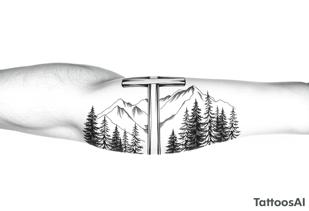 russian orthodox cross in a light forrest mountainous setting tattoo idea
