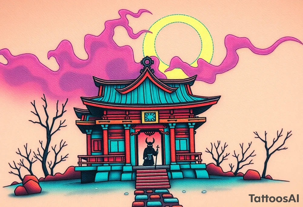 Tim Burton’s haunted pastel Tokyo shrine is abandoned except for one lone samurai ghost and dripping with muted reds, dusty pinks, and eerie green glow.purple and cyan smokey clouds swirl in the crescent moonlit sky thats sprinkled with stars tattoo idea tattoo idea